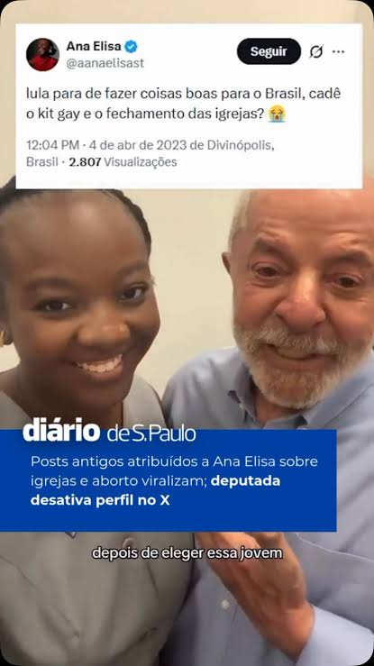 Tuíte de Ana Elisa, de 4 de abril de 2023: lula para de fazer coisas boas para o Brasil, cadê o kit gay e o fechamento das igrejas?